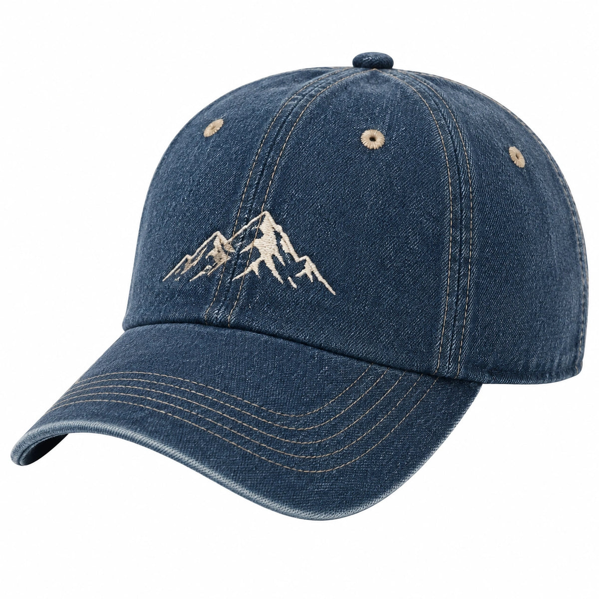 Gorra de béisbol talla única en tejido vaquero azul con bordado de montaña y visera curva