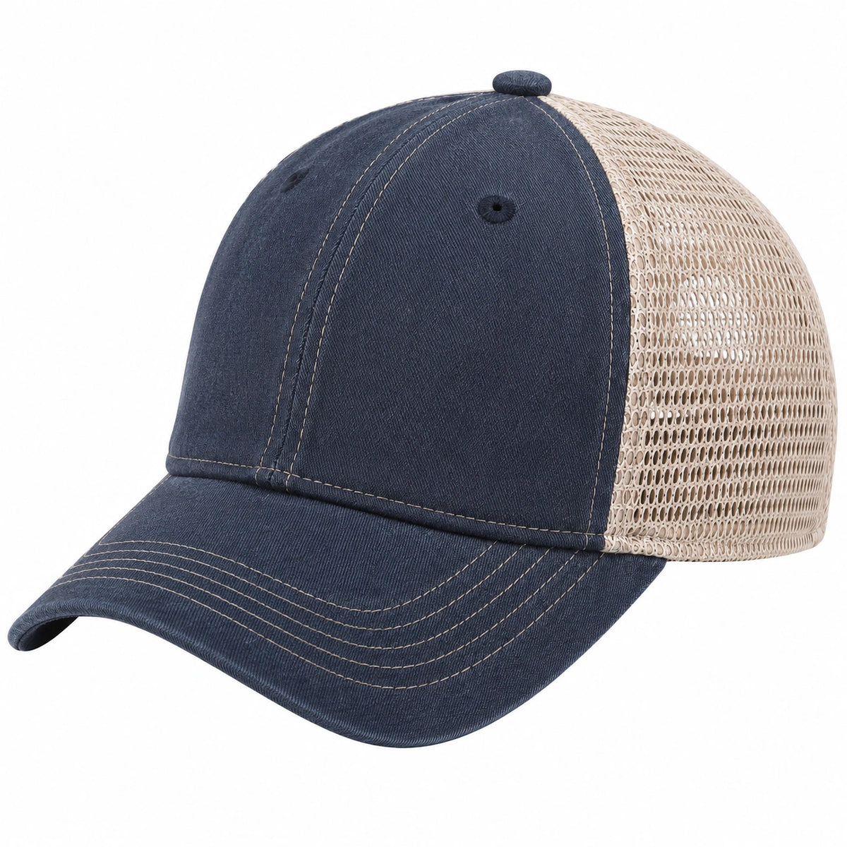 Gorra de béisbol talla única de algodón azul marino y malla beige transpirable