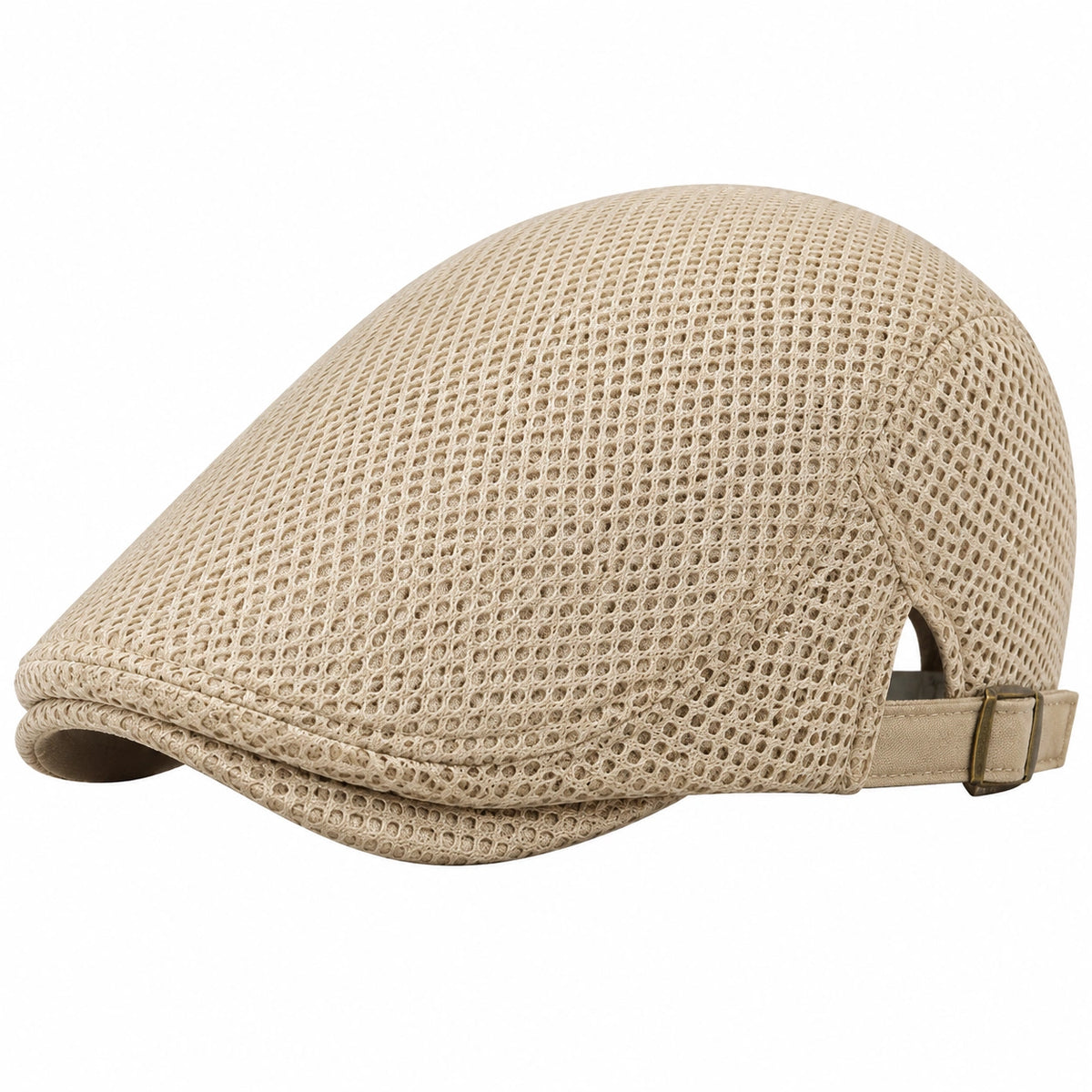 Gorra plana de talla única en tejido de malla beige con visera ajustable