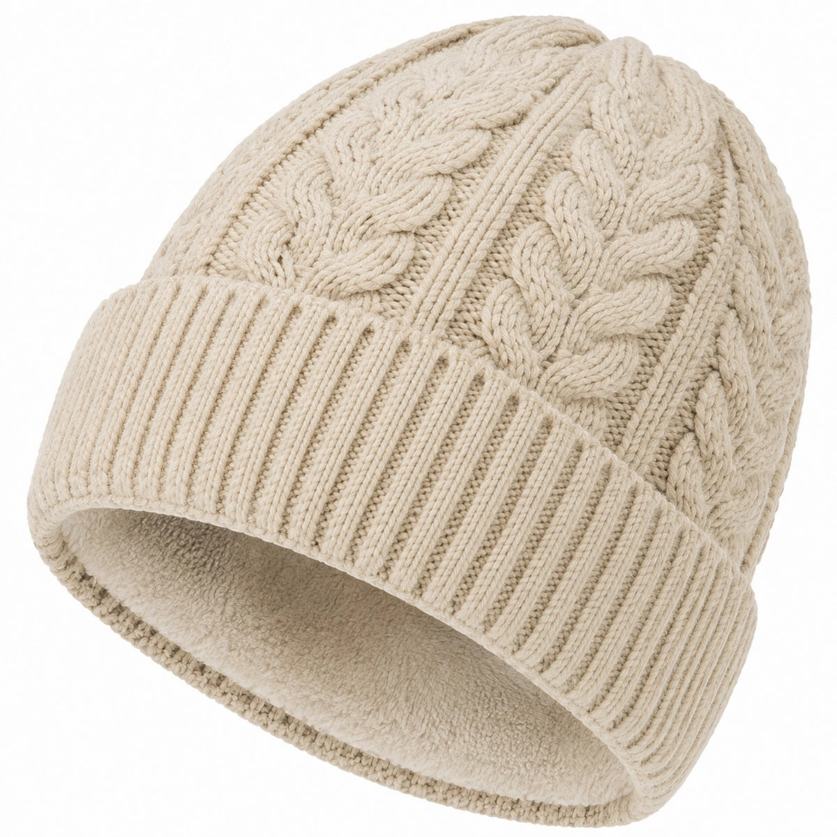 Gorro de punto talla única crema con forro cálido estilo trenzado
