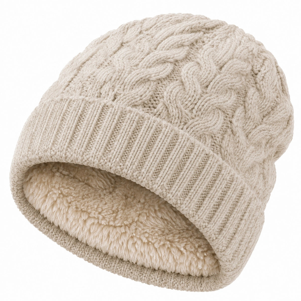 Gorro de punto talla única beige con forro cálido y trenzas
