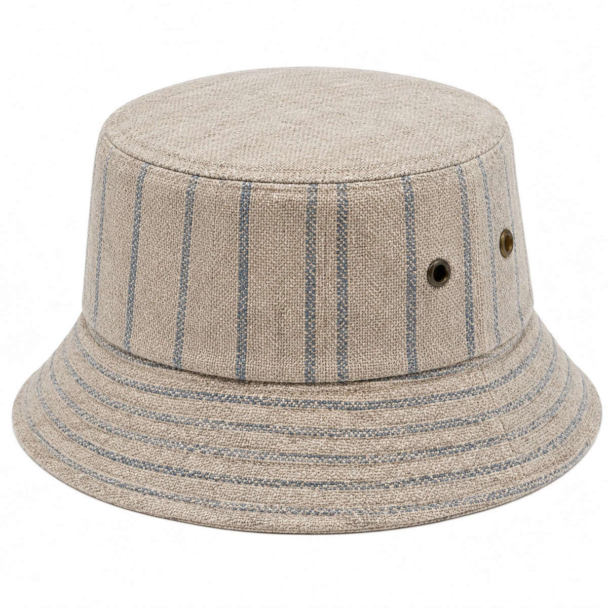 Sombrero tipo pescador talla única de tejido beige y azul con rayas y ojales