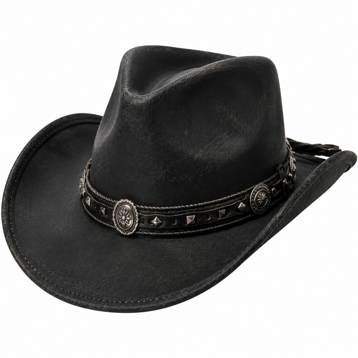 Sombrero cowboy talla única de piel sintética negra con banda decorativa estilo western