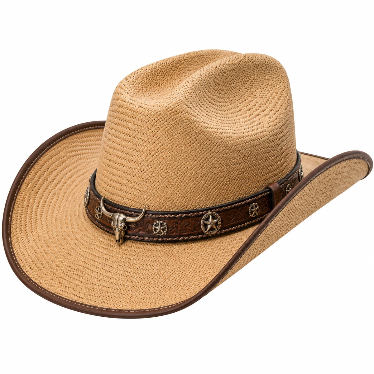 Sombrero cowboy de talla única en fibra trenzada beige con banda marrón estilo western